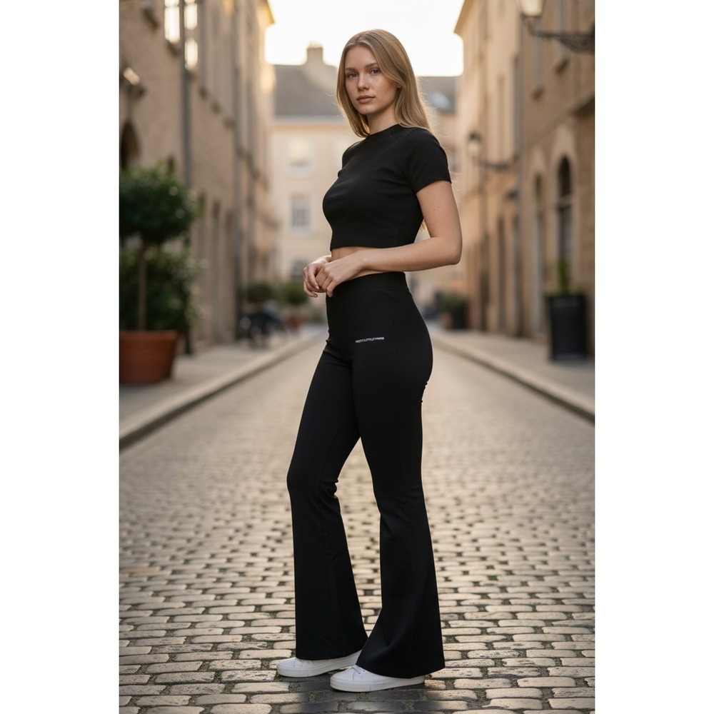 PrettyLittleThing Black‎ Printed Flared Trousers Athleisure High Waisted Size 6
